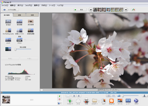 Picasa3での画像編集画面